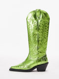 Metallic Green Embroidered Zip Wide Mid Calf Western Boots Block Heeled Cowgirl Boots
