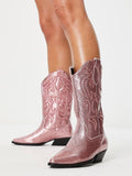 Pink Glitter Embroidered Cowgirl Wide Mid Calf Boots Block Heeled Western Boots