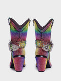 Rainbow Rhinestone Studs Buckled Ankle Strap Pointy Zip Ankle Cowgirl Boots
