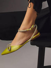 Satin Rhinestone Bow Pointy Buckled Ankle Strap Flats