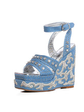 Rhinestone Applique Ankle Strap Open-toe Denim Double Platform Wedges With Studs