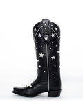 Black Star Inlay Wide Mid Calf Boots Snip Toe Chunky Heeled Western Cowgirl Boots