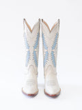 White Embroidered Pointy Wide Mid Calf Western Boot With Blue Inlay