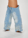 Water Drop Rhinestones Pointed-toe High Heels Fold Over Mid-Calf Denim Boots