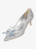 Silver Floral Rhinestone Slip-On Pointy Kitten Pumps For Women