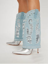 Metallic Rhinestones Embroidered Pointed-toe Slip-on High Heels Fold Over Mid-Calf Denim Boots