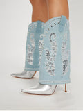 Metallic Rhinestones Embroidered Pointed-toe Slip-on High Heels Fold Over Mid-Calf Denim Boots