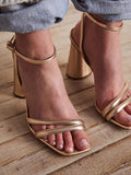 Metallic Strappy Square Toe Block Heeled Sandals With Buckled Ankle Strap