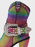 Rainbow Rhinestone Studs Buckled Ankle Strap Pointy Zip Ankle Cowgirl Boots