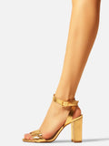 Metallic Gold Woven Strap High Block Heel Sandals For Wide Feet