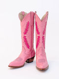 Pink Inlay Embroidered Pointy Wide Mid Calf Western Boots