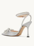Silver Glitter Rhinestone Double Bow Pointy Flared Pumps With Ankle Wrap Strap