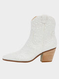White Pearl Zipper Round Toe Cowgirl Ankle Boots