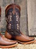 Women Mid Calf Cowboy Boots Square Toe Chunky Heel Embroidered Floral Rustic Two-Tone Western Boots