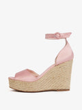 Light Pink Satin Cross Bands Open-toe Buckle Ankle Strap Espadrille Wedge Sandals