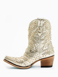 Metallic Gold Stud Rhinestone Pearl Ankle Boots Slip-On Snip Toe Cowgirl Heeled Booties