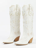 Off White Embroidered Pearl Studded Pointed Toe Slanted Heel Western Mid Calf Boots