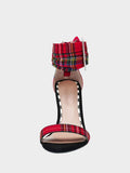Wide Ankle Strap Rhinestone Buckle Zip Stiletto Sandals In Red Plaid Black Houndstooth