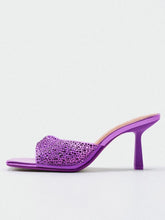 Purple Metallic Clear Rhinestone One Band Backless Sandals With Square Toe High Heel