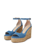 Blue Denim Open-toe Espadrille Wedge Sandals With Buckle Ankle Wrap