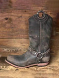 Vintage Brown Vegan Leather Metal Rings Round-toe Slip-on Mid-Calf Western Boots