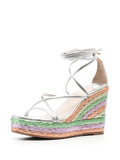 Silver Multi Bands Open-toe Irised Espadrille Wedge Sandals With Self-tie