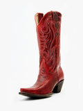 Red Embroidered Snip Toe Thick Heeled Wide Calf Retro Tall Cowgirl Boots