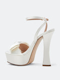 White Double Bows Silk Platform Flared Heeled Sandals With Round Toe Ankle Strap