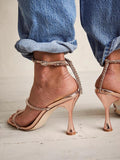 Rose Gold Rhinestone Strappy Flared Heeled Sandals With Thin Ankle Strap Square Toe