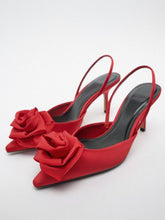 Red Satin Rose Slingback Pumps With Kitten Heel Square Toe