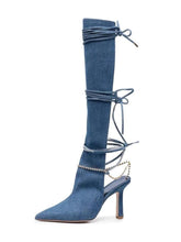Slingback Strap Rhinestone Chain Denim Gladiator Pointed-Toe Mid Heel Over-The-Knee Boots For Women