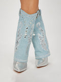Metallic Rhinestones Embroidered Pointed-toe Slip-on High Heels Fold Over Mid-Calf Denim Boots