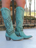 Sky Blue Studded Pointy Mid-Calf Western Boots