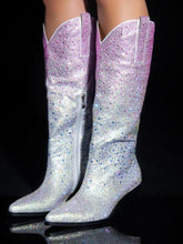 Silver Pink Ombre Rhinestone Cowgirl Mid Calf Boots Block Heeled Western Boots