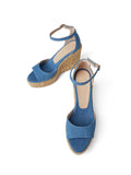 Blue Denim Open-toe Espadrille Wedge Sandals With Buckle Ankle Wrap