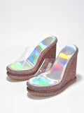 Sparkly Rhinestone Round Platform Wedge Heel Backless Slip-On Sandals With Clear Single Band