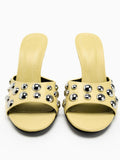 Yellow Stud Single Wide Strap Round Toe Flared Heeled Sandals Backless Slip-On Heels