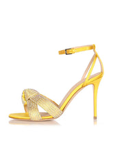 Satin Sparkly Rhinestone Knot Round Stiletto Heeled Dress Sandals With Buckle Ankle Strap