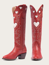 Red Embroidered Inlay Heart Wide Calf Knee High Boots Round Toe Heeled Cowgirl Boots