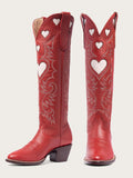 Red Embroidered Inlay Heart Wide Calf Knee High Boots Round Toe Heeled Cowgirl Boots