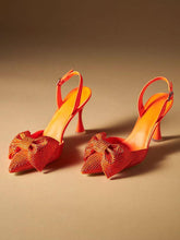 Rhinestone Bow Pointy Buckled Slingback Flared Pumps - Vegan Leather Orange & Velvet Brown