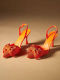 Rhinestone Bow Pointy Buckled Slingback Flared Pumps - Vegan Leather Orange & Velvet Brown