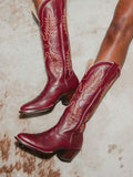 Red Embroidered Round Toe Wide Calf Knee High Western Boots