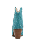 Turquoise Sparkly Rhinestone Round Toe Zipper Slanted Heel Western Ankle Boots