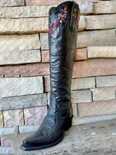 Black Vegan Leather Multi Floral Embroidered Snip-toe Chunky Heel Slip-on Knee High Cowgirl Boots