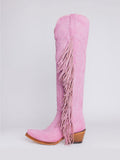 Pink Faux Suede Fringe Eagle Embroidered Knee High Western Boots With Snip Toe Zipper