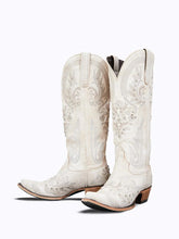 White Wedding Wide Mid Calf Cowgirl Vintage Boots For Bride With Rhinestone Floral Leaf Embroidery