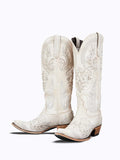 White Wedding Wide Mid Calf Cowgirl Vintage Boots For Bride With Rhinestone Floral Leaf Embroidery