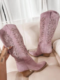 Pink Embroidered Pointed Toe Slanted Heel Cowgirl Mid Calf Boots