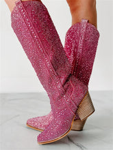 Pink Rhinestone Pointy Slip-on Mid-Calf Cowgirl Boots